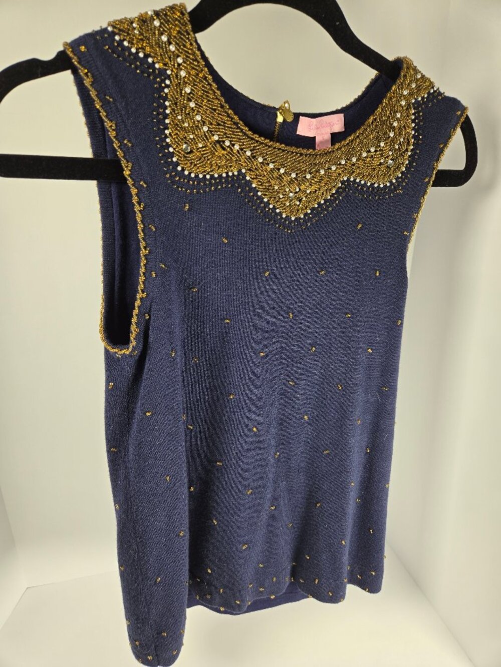Lilly Pulitzer Navy Beaded Evening Shell Top Gold Bugle Beads Pearls Size S